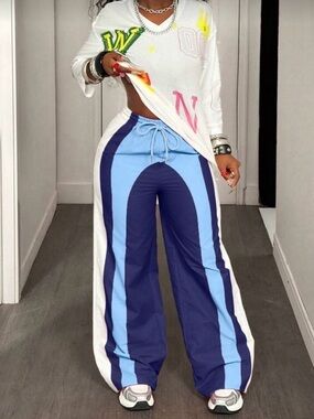 Lightweight Jersey and Colorblock Wide-Leg Track Pants - Two Piece Set- New